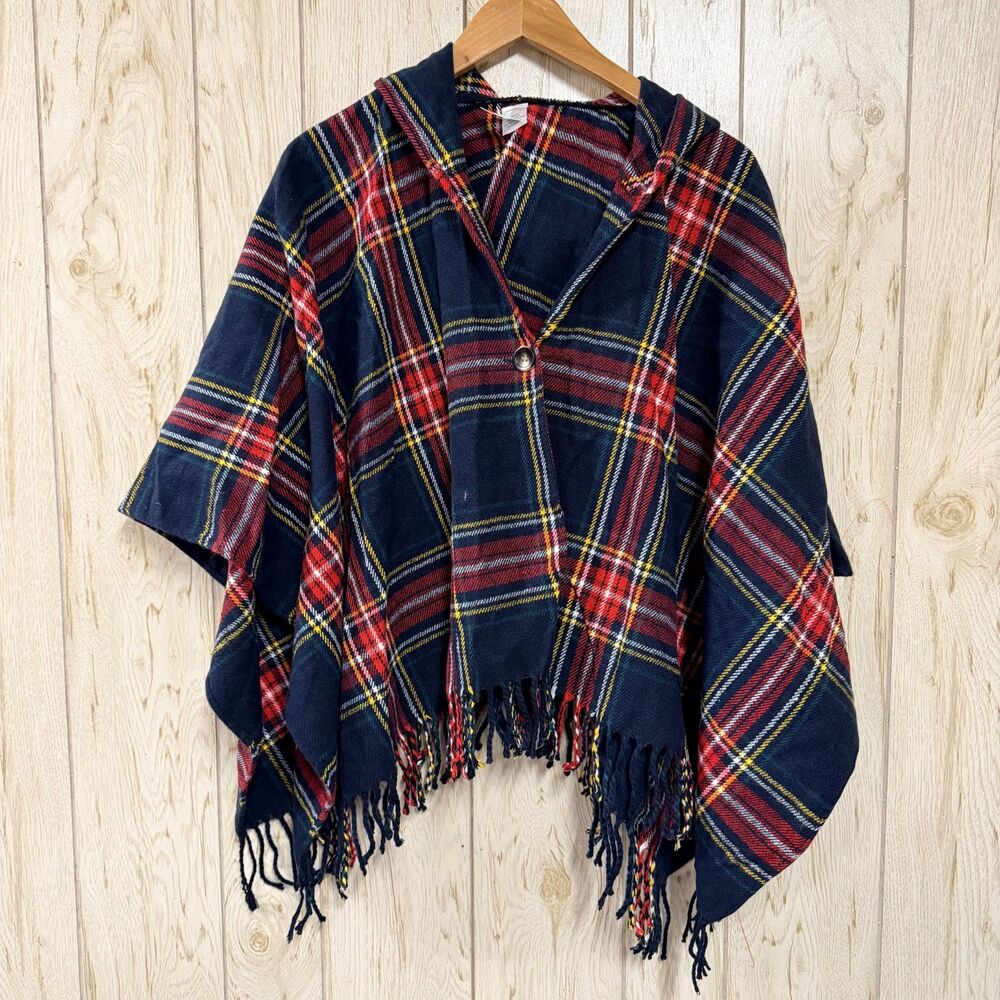 Francesca's Plaid Hooded Shawl Cape Poncho